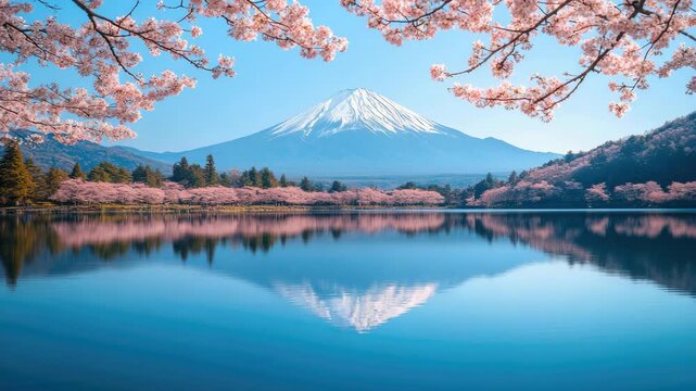 Sakura-lined lake with majestic mountain in background.