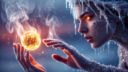 Woman in motion, her frost-covered skin shimmering, she touches a floating sphere of pure fire