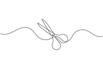Obraz premium Continuous single line drawing of scissors cutting a wavy line on a white background