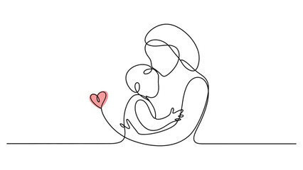 Minimal one-line drawing of a mother lovingly holding her baby with a small heart accent, symbolizing maternal love, care, bonding, and family connection.