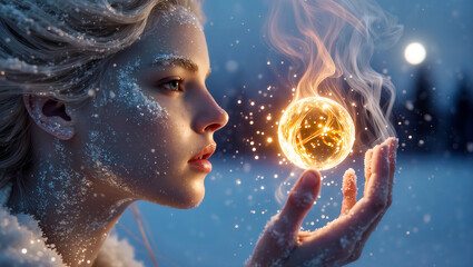 a woman and  hot light in a frosty time