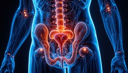 Vibrant anatomical rendering of human pelvis, spine and skeletal structure for medical education or pharmaceutical advertising, promoting health and wellness
