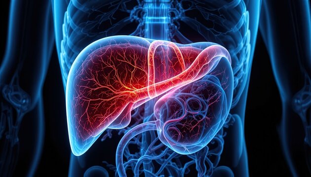 Detailed human liver anatomy, showcasing hepatic health and function for medical education or pharmaceutical marketing, with vibrant colors and precise detail