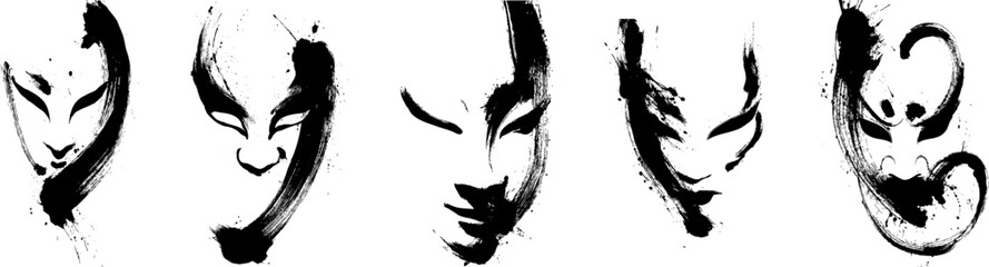 Hand painted oriental asian face icons set in traditional black ink brush stroke drawing style