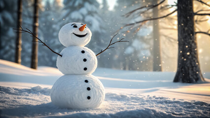 Obraz premium Cheerful Snowman in Sunny Winter Forest with Falling Snowflakes – Festive Holiday Scene Outdoors