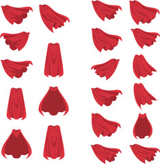 Red superhero cape clipart set featuring flowing capes in multiple poses and styles for comics, costumes, digital art, animation, and design projects. © Mostafijur