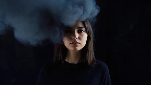 Young woman with thoughtful expression, surrounded by mysterious smoke that rises from her head. Dramatic lighting emphasizes the enigma of the scene.
