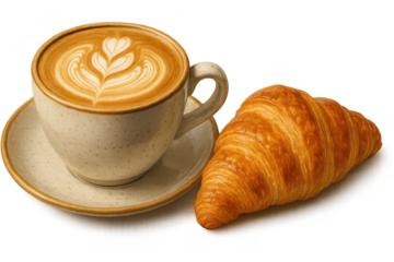 Latte art with croissant on a transparent background, breakfast item.