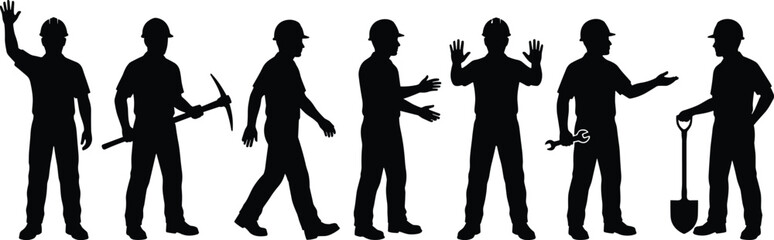 Silhouettes of construction workers holding tools, performing tasks, communicating, and gesturing in various poses, industrial labor team in safety helmets.