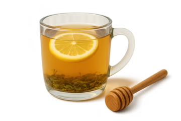 Green Tea with Lemon Slice and Honey, on transparent background image.