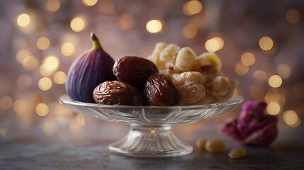 Christmas still life with figs, dates, candied ginger on a glass pedestal, soft glowing lights, magical festive atmosphere
