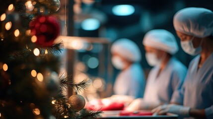 a christmas tree with lights and new year's toys on the table in an operating room of a hospital, with doctors wearing christmas hats working around it.	
