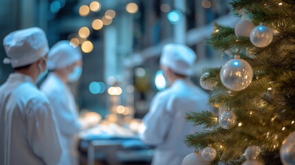 a christmas tree with lights and new year's toys on the table in an operating room of a hospital, with doctors wearing christmas hats working around it.	
