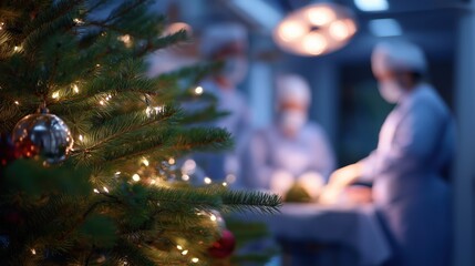 a christmas tree with lights and new year's toys on the table in an operating room of a hospital, with doctors wearing christmas hats working around it.	
