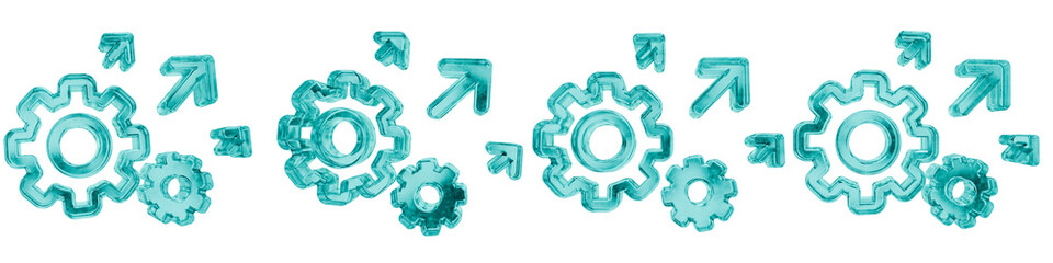 Set of four 3D improvement performance shapes in frosted blue ice glass style, isolated on a transparent background. Glassmorphism icons and 3D elements for modern graphic design.