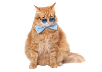 Stylish ginger cat wearing round sunglasses and a blue bow tie, sitting on a clean white background. Trendy studio portrait perfect for humor projects, ads, memes and creative designs