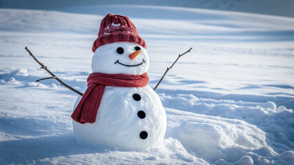 Obraz premium Cute Winter Snowman with Red Hat and Scarf in Snowy Landscape – Festive Christmas Holiday Photo