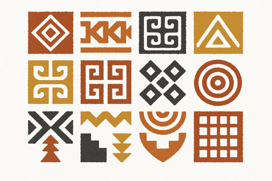 Venezuelan indigenous patterns icons in flat vector grid with rugged torn texture on white background