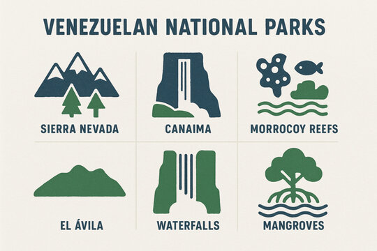 Venezuelan national parks icons in flat vector grid with rugged torn texture on white background