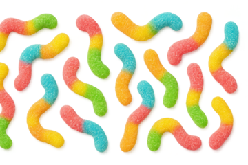 Gummy worms scattered, colorful on transparent background, vibrant