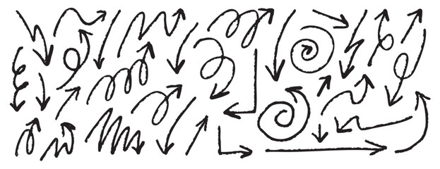 Charcoal arrow icons set Hand drawn curved and swirling arrows, freehand grunge lines, scribbles and scrawls Direction pointers