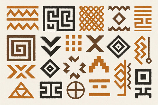 Venezuelan indigenous patterns icons in flat vector grid with rugged torn texture on white background