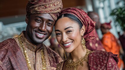 Diverse couple smiling in traditional ethnic clothing close up portrait