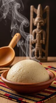 Ultra-Realistic Burkinab&eacute; T&ocirc; &ndash; Smooth Millet or Sorghum Dough Dome in Hand-Thrown Clay Bowl on Faso Dan Fani Textile, Calabash Spoon & Mossi Palace Carving