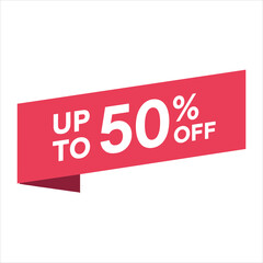 Red banner with white text UPTO 50% OF on white background sale discount
