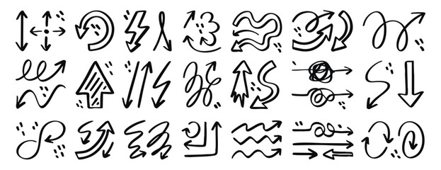 Black doodle arrow set, hand drawn vector collection of different pointer shapes, sketchy curved, straight, twisted, direction arrows, isolated on white