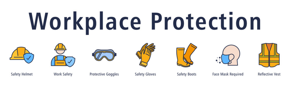 Workplace Protection banner with Safety Helmet, Work Safety, Goggles, Gloves, Boots, Mask Requirement, and Reflective Vest.