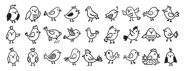 cute birds forest animal characters doodle hand drawn icon set. Outline drawing birds line clipart symbol collection