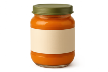 Jar of orange baby food with label on transparent background shot