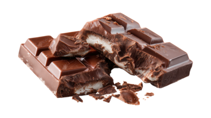 A chocolate bar is cut in half and has a bite taken out of it, isolated on a transparent background
