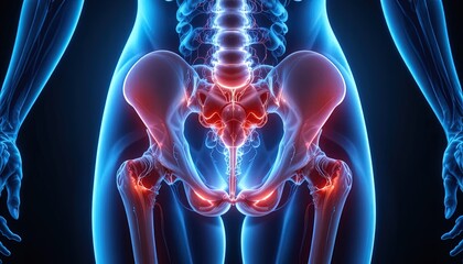 Detailed pelvic bone anatomy with highlighted pain points, ideal for medical education or healthcare marketing materials focusing on hip or back pain