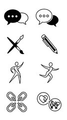 Outline icon collection showing communication drawing sport and relationship themes featuring chat bubbles art tools abstract figures and chain links black line art vectors