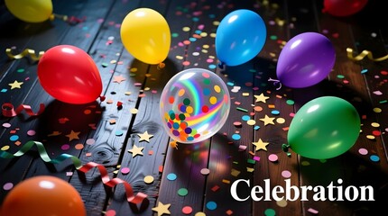 Vibrant balloons and colorful confetti scattered across dark wood floor signal an exciting party or joyous celebration beginning now