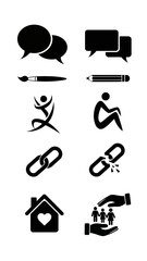 Diverse black graphic icons set depicting dialogue writing abstract human activity social connection broken link vulnerability care protection shelter housing family bonds vector illustration elements
