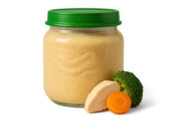 Jar of Baby Food With Chicken and Vegetables on transparent background.