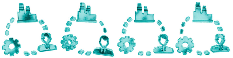 Set of four 3D manufacturing process engineer shapes in frosted blue ice glass style, isolated on a transparent background. Glassmorphism icons and 3D elements for modern graphic design.