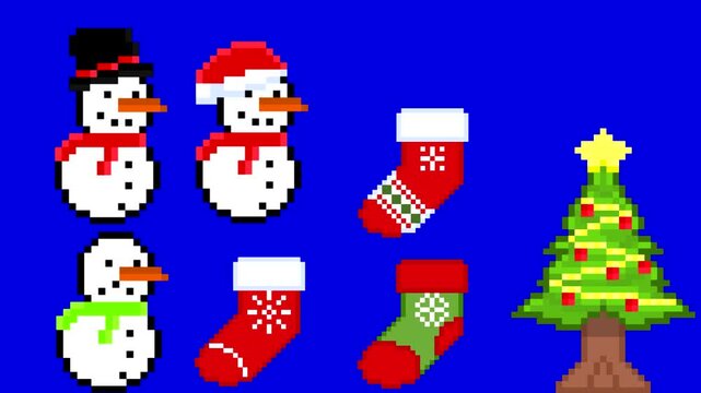 Christmas-themed pixel art animation, featuring a Christmas tree, snowmen, and Christmas stockings on a chromakey background. Christmas, 32-bit.