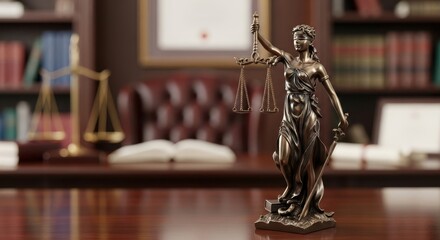 Justice statue on wooden table in law office