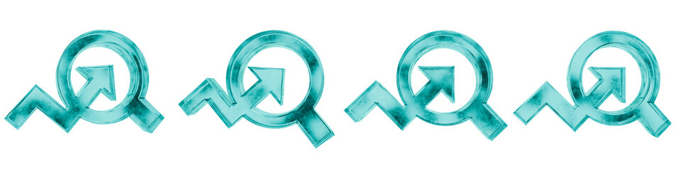Set of four 3D market research shapes in frosted blue ice glass style, isolated on a transparent background. Glassmorphism icons and 3D elements for modern graphic design.