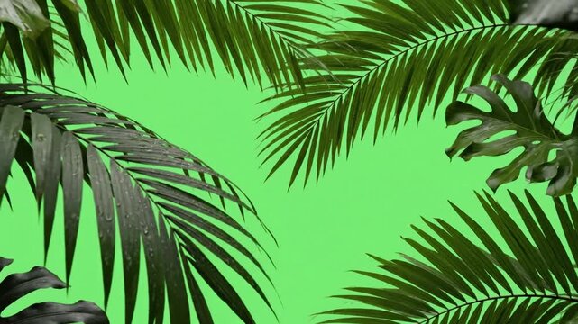 Nature's Swirl with palm tree branches on green effect green screen style featuring palm trees, greenery, nature, abstract, cinematic