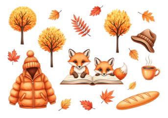Cozy autumn elements featuring adorable foxes reading a book and fall-themed items