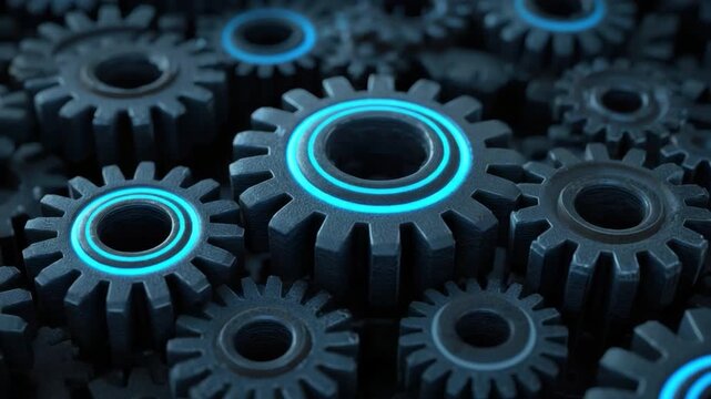 Blue Glowing Gears in Abstract Industrial Background with Mechanical Elements and Dark Undertones 4k video footage