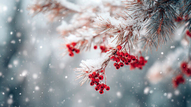 Winter backdrop with a branch of a pine tree covered in snow. Red fro