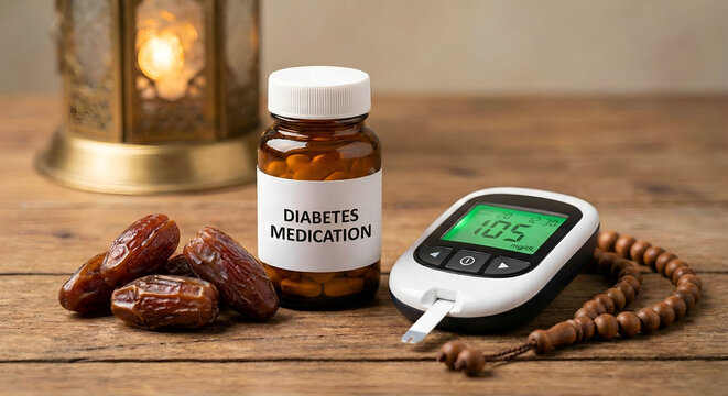 Diabetes Medication Bottle and Glucose Meter with Prayer Beads and Dates