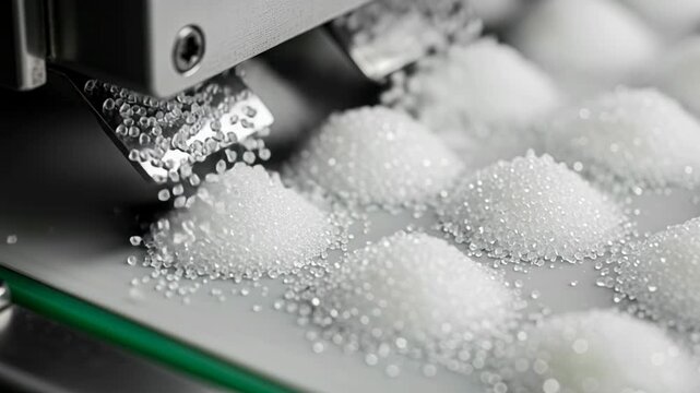 Crystallized synthetic sweeteners gently fall from dispenser onto moving belt in production process.