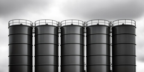 Row of industrial storage silos under cloud formation, representing energy, crude oil, gasoline, chemicals, or cement commodities